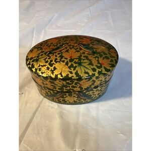 Hand Made Decorated Lidded Trinket Box beautiful birds leaves gold Green Oval
